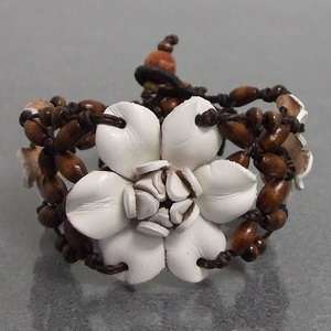Handmade Blooming White Flower Leather/Wood Bracelet  