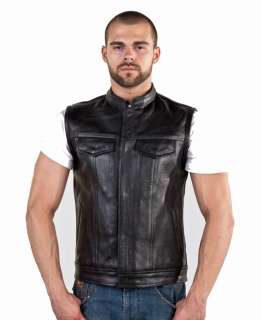 Mens Motorcycle Biker Leather Vest Jacket w/ Pockets  