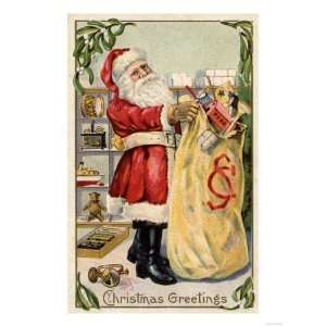 Christmas Greetings   Santa Holding an Overflowing Bag of Toys Giclee 