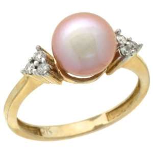 10k Gold 8.5 mm Pink Pearl Ring w/ 0.105 Carat Brilliant Cut Diamonds 