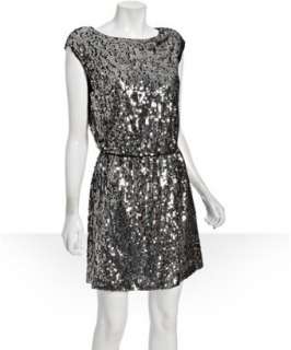 style #311981901 silver sequin mesh overlay Bally drop waist dress