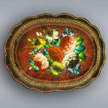   painted TRAY with floral ornaments. Vintage Russian style. Red metal