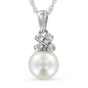  White Sapphire and Pearl Necklace with 10k White Gold 