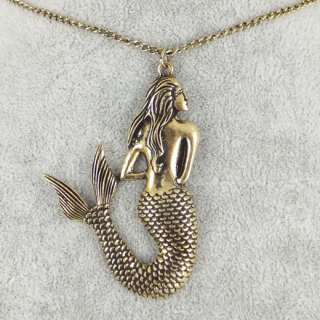 vintage Antiqued Bronze Mermaid Pendants long Necklace.  