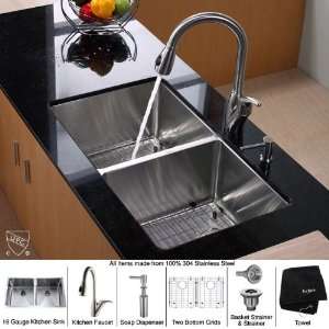 33 in. 50/50 Double Bowl Kitchen Sink w Faucet & Soap 