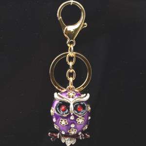 Purple W/Crystal Owl Key Ring Keychain Jewelry E0306  