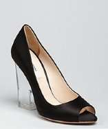 Prada black satin peep toe lucite heel pumps style# 308211801
