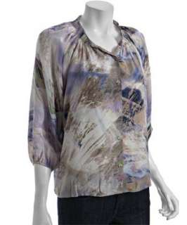 Tucker purple watercolor print silk button front blouse   up 