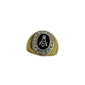  Black Oval With Crystals Masons Masonic Ring 18kt Gold EP 