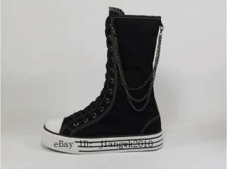 New Canvas Lace Up Punk Emo Mid Calf Skate Sneaker Boot Black blue 