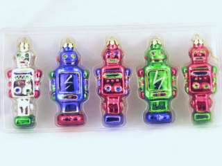 Set of 5 Retro Space Robots 5” Glass Christmas Ornaments   NEW 
