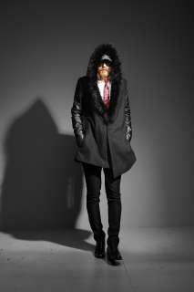 vb HOMME Leather Sleeve Long Coat with Fur Trimmed Hood BLACK, DARK 