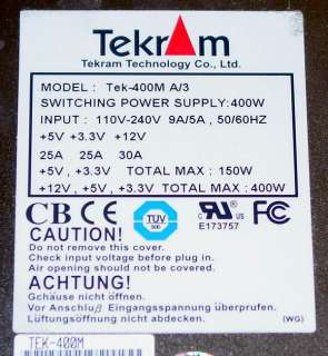 Tekram TEK 400M A/3 400 Watt Hot Swap Power Supply  