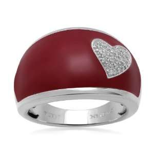  Sterling Silver Enamel Heart Tag Diamond Ring (0.05 cttw 