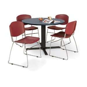 Round Cafeteria Table with Gray Top and Burgundy Poly Cafeteria Chairs 