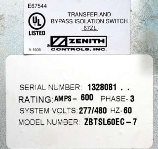 ZENITH TRANSFER AND BYPASS ISOLATION SWITCH ZBTSL60EC 7  