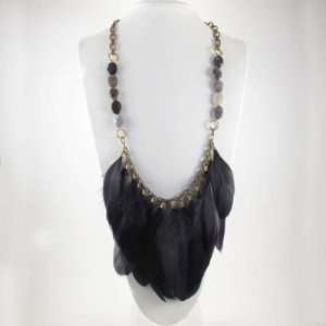   Evie Black Goose Feather Semi Precious Stone Brass Guild Necklace