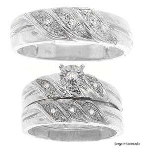 diamond 3 ring wedding band set .09 ct bride groom matching trio 925 