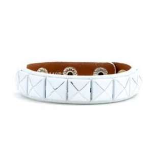 White Genuine Leather Bracelet with Ten Pyramid Studs along Center 