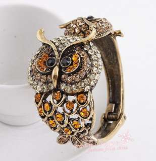 Old Bronze Plated Rhinestone brown Owl split Bracelet1  