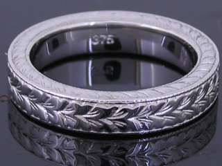 Hand engraved / etched 9ct SOLID White Gold Wedding Band Ring