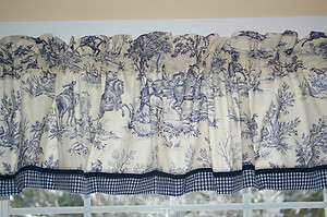 White and Blue Scenic Toile Valance 17 x 81 Drapery Weight Curtain 