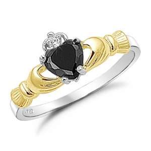   Silver Two Tone Black Onyx Heart Claddagh Ring Size 4 Jewelry