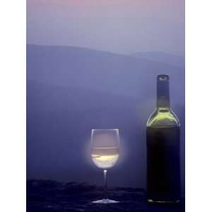  Bottle of Wine and Glass against a Scenic Background, Blue 